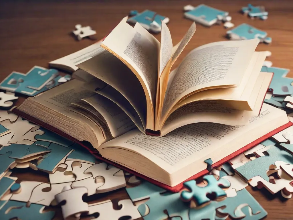 Descrição da imagem: Um livro aberto com páginas feitas de peças de quebra-cabeça. Cada peça de quebra-cabeça representa um aspecto diferente da sociedade, como gênero, raça, classe e sexualidade. As peças do quebra-cabeça estão interconectadas, simbolizando como a literatura desafia e derruba barreiras sociais, encorajando os leitores a question