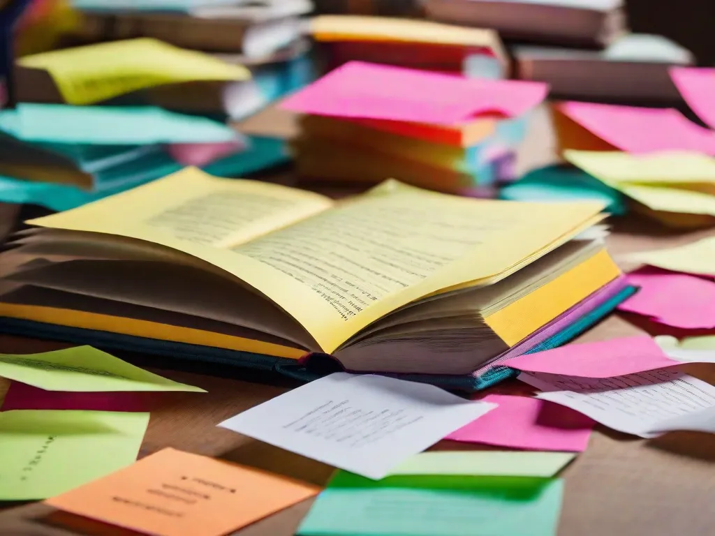 Descrição da imagem: Um close de um livro aberto com marcadores coloridos saindo de várias páginas. Cada marcador tem uma palavra de gíria diferente escrita nele, representando os 7 termos de gíria literária mencionados no post do blog. O fundo está desfocado, enfatizando o foco no livro e nos marcadores.