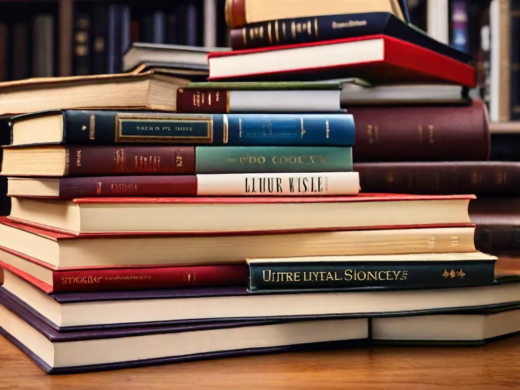 Descrição da imagem: Uma pilha de sete livros acadêmicos arrumados de forma organizada em uma mesa de madeira. Cada livro possui uma capa distinta representando diversas áreas de estudo, incluindo ciência, literatura, história, psicologia, economia, filosofia e sociologia. Os títulos são visíveis, mostrando sua relevância para o mundo acadêmico.