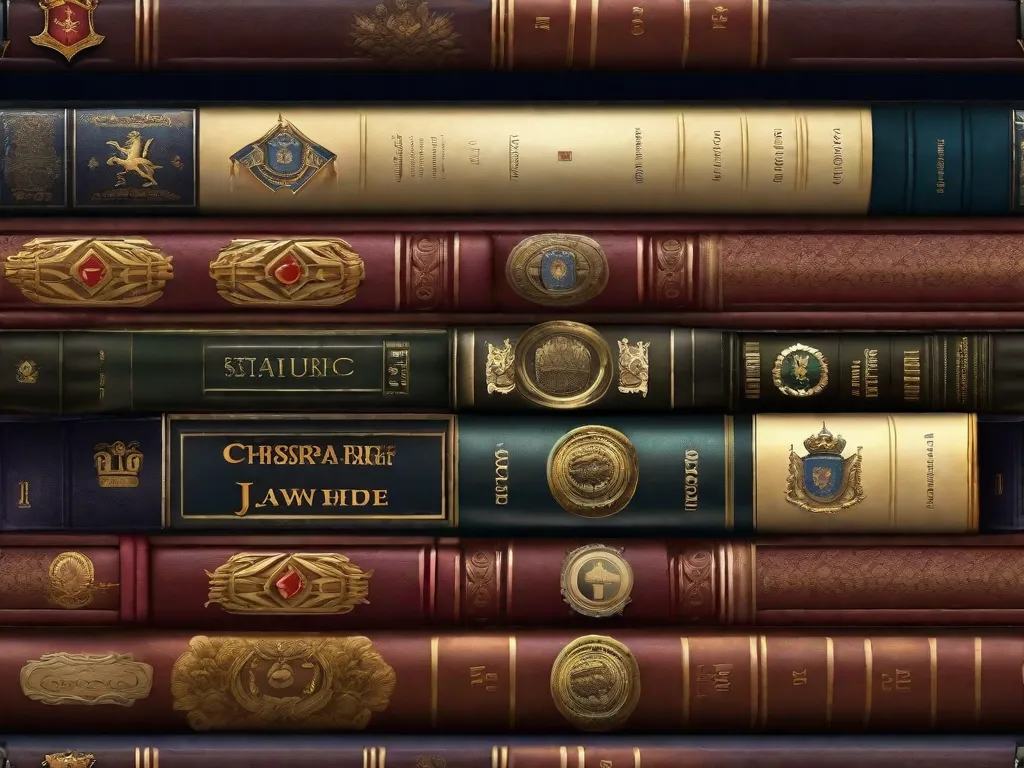 Descrição: Uma imagem de uma coleção de livros antigos e desgastados, com brasões e escudos intrincados e coloridos em suas capas. Os livros estão empilhados uns sobre os outros, criando uma exibição visualmente atraente de símbolos heráldicos.