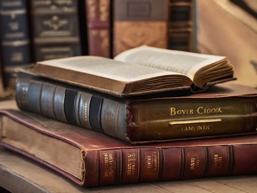 Descrição da imagem: Um close-up de sete livros antigos e desgastados empilhados um em cima do outro. Os livros têm capas de couro desgastadas e letras douradas desbotadas em suas lombadas. Cada livro representa uma era histórica diferente, exibindo o rico conhecimento e histórias que eles contêm em suas páginas.