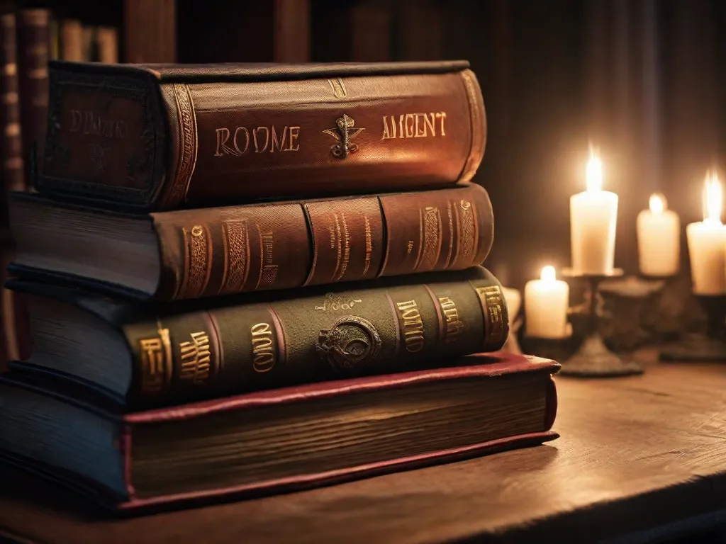 Descrição da imagem: Um close-up de uma pilha de livros antigos com capas desgastadas, apoiados em uma mesa de madeira. Os títulos dos livros são visíveis, mostrando sua conexão com os mistérios de Roma. O ambiente com pouca iluminação cria um ar de intriga e significado histórico para a imagem.