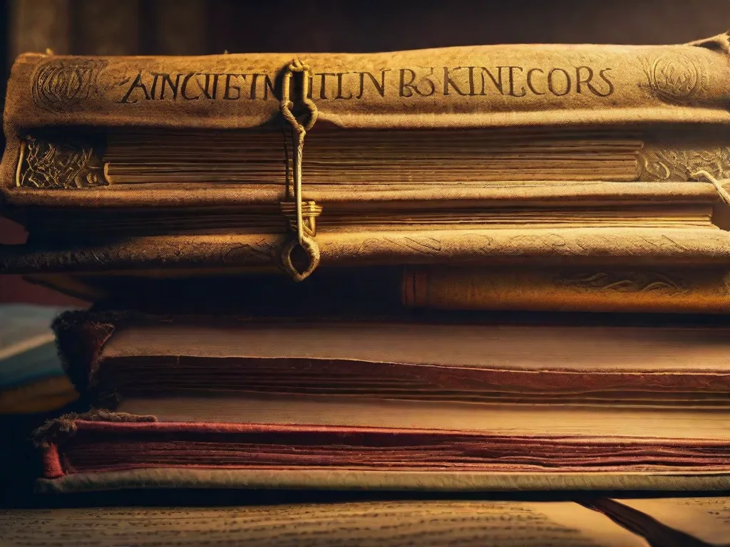 Descrição da imagem: Uma foto de uma pilha de livros com aparência antiga, com capas desgastadas e páginas amareladas. Cada livro tem um título escrito em um tipo de letra antigo, que lembra a época de Nabucodonosor. Partículas de poeira flutuam no ar, adicionando à atmosfera mística.