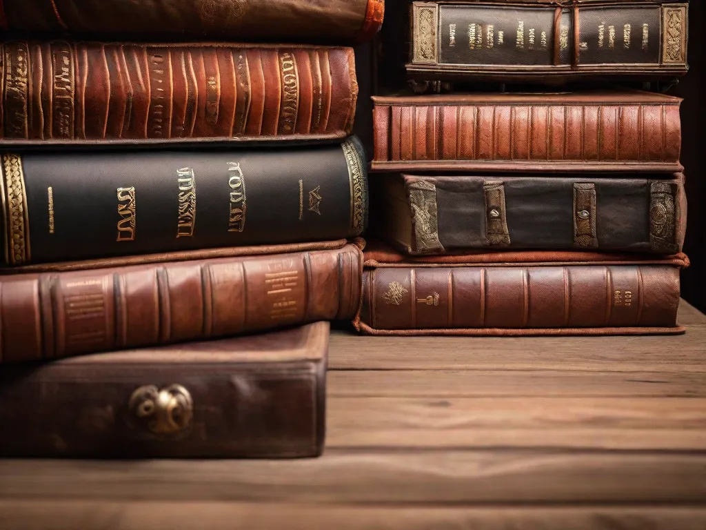 Descrição da Imagem: Uma fotografia em close-up de uma pilha de livros antigos com capas de couro desgastadas, arranjados cuidadosamente sobre uma mesa de madeira. Os livros retratam diversos aspectos da rica história de Roma, incluindo sua arquitetura, mitologia e intriga política. A iluminação suave no ambiente adiciona um senso de mistério e fascínio à