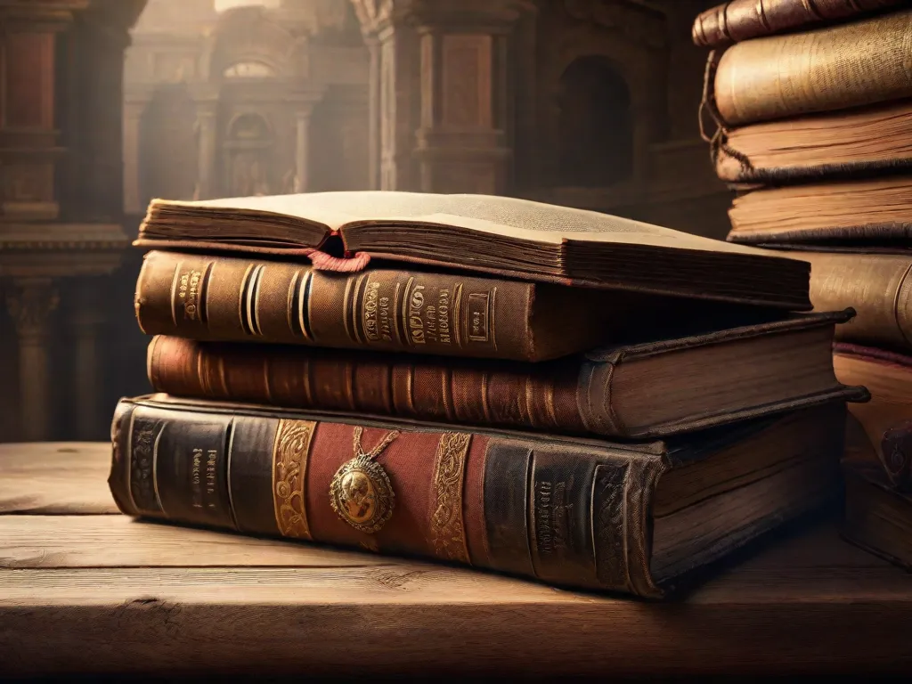 Descrição da imagem: Um close-up de uma pilha de livros antigos com capas desgastadas, colocados sobre uma mesa de madeira. Os livros retratam vários símbolos e ilustrações relacionadas à Roma antiga, como o Coliseu, deuses romanos e figuras históricas. O ambiente com pouca iluminação cria uma aura de mistério e intriga na cena.