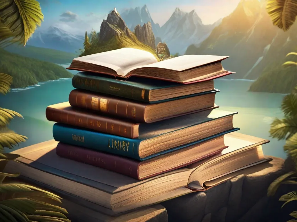 Descrição da imagem: Uma pilha de livros, cada um representando uma aventura diferente. Os livros estão empilhados de forma a criar uma escada, simbolizando a jornada que os leitores podem embarcar através da literatura. Cada capa de livro mostra uma cena única e cativante, incentivando os leitores a mergulharem nessas incríveis jornadas.