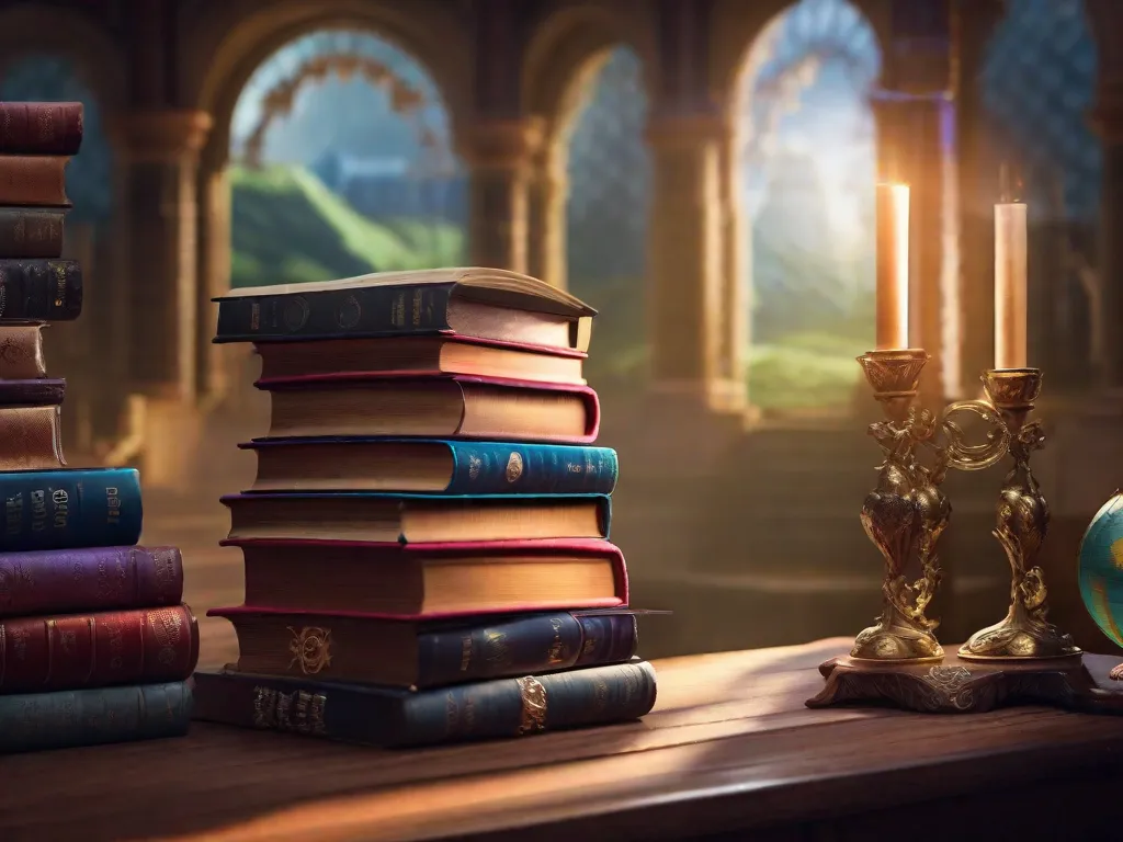 Descrição da imagem: Uma pilha de livros fica alta em frente a um cenário impressionante de uma cadeia de montanhas. Cada livro representa uma aventura diferente, com capas vibrantes retratando paisagens fantásticas, missões emocionantes e personagens intrigantes. Os livros convidam os leitores a embarcar em jornadas incríveis através de suas páginas, prometendo aventuras literárias infinitas.