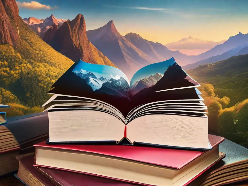 Descrição da imagem: Uma pilha de livros fica alta em frente a um cenário impressionante de uma cadeia de montanhas. Cada livro representa uma aventura diferente, com capas vibrantes retratando paisagens fantásticas, missões emocionantes e personagens intrigantes. Os livros convidam os leitores a embarcar em jornadas incríveis através de suas páginas, prometendo aventuras literárias infinitas.