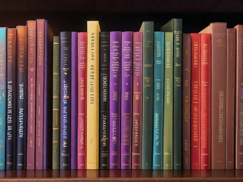 Uma estante colorida cheia de 20 livros diferentes, cada um representando um mundo literário único. De reinos de fantasia com castelos e dragões a cidades futuristas em galáxias distantes, esses livros vão te levar em aventuras emocionantes através de suas capas vibrantes e histórias imaginativas.