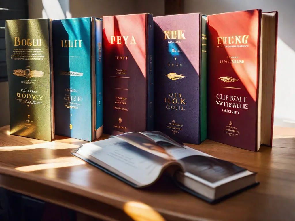 Descrição da imagem: Um close-up de uma pilha de sete livros, cada um com uma capa vibrante e chamativa. Os livros estão colocados em uma mesa de madeira, e a luz solar que passa por uma janela próxima ilumina os títulos, criando uma sensação de antecipação e intriga.