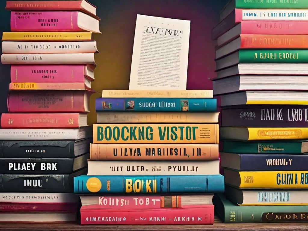 Descrição da imagem: Uma pilha de livros com capas coloridas, cada um apresentando um título espirituoso e sarcástico. Os títulos incluem