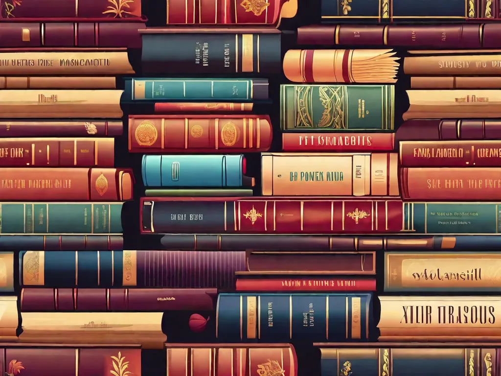 Descrição da imagem: Uma pilha de livros com capas vibrantes, representando diferentes gêneros e temas, está sobre uma mesa de madeira. Cada livro parece emitir um brilho mágico, convidando o espectador a explorar suas páginas. A imagem captura a essência da imaginação e o poder dos livros em nos transportar para diferentes mundos.