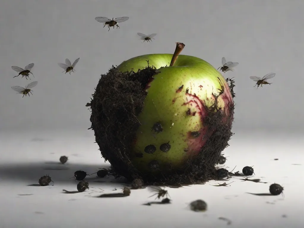 Descrição da imagem: Uma fotografia em close-up de uma maçã em decomposição, coberta de mofo e cercada por moscas. A imagem simboliza os aspectos sombrios e repulsivos da natureza humana explorados nos 10 livros fascinantemente repugnantes sobre comportamento humano.