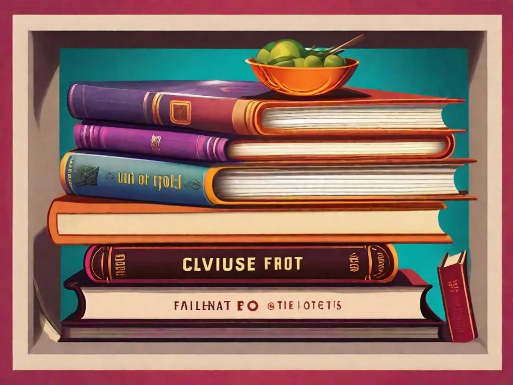 Uma imagem vibrante de uma pilha de livros com capas coloridas, cada um representando uma culinária diferente ao redor do mundo. Os títulos estão escritos em fontes em negrito, destacando a diversidade de sabores e especiarias que esses livros irão te transportar.