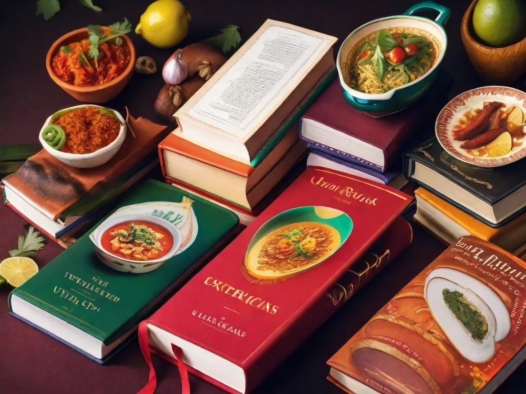 Uma imagem vibrante de uma pilha de livros com capas coloridas que retratam várias culinárias exóticas. Cada livro representa uma cultura diferente e é adornado com imagens de pratos, temperos e ingredientes que deixam água na boca. Os títulos são escritos em fontes em negrito, convidando os leitores a embarcar em uma aventura culinária pelas páginas.