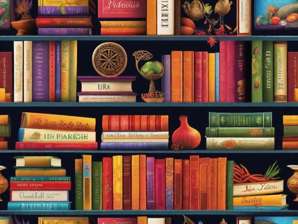 Descrição da imagem: Uma foto em close-up de uma mesa lindamente arranjada, cheia de especiarias vibrantes e aromáticas de todo o mundo. As especiarias incluem frascos coloridos de cominho, açafrão, cardamomo, canela e cravo, mostrando os diversos sabores que podem ser encontrados nas culinárias exóticas.