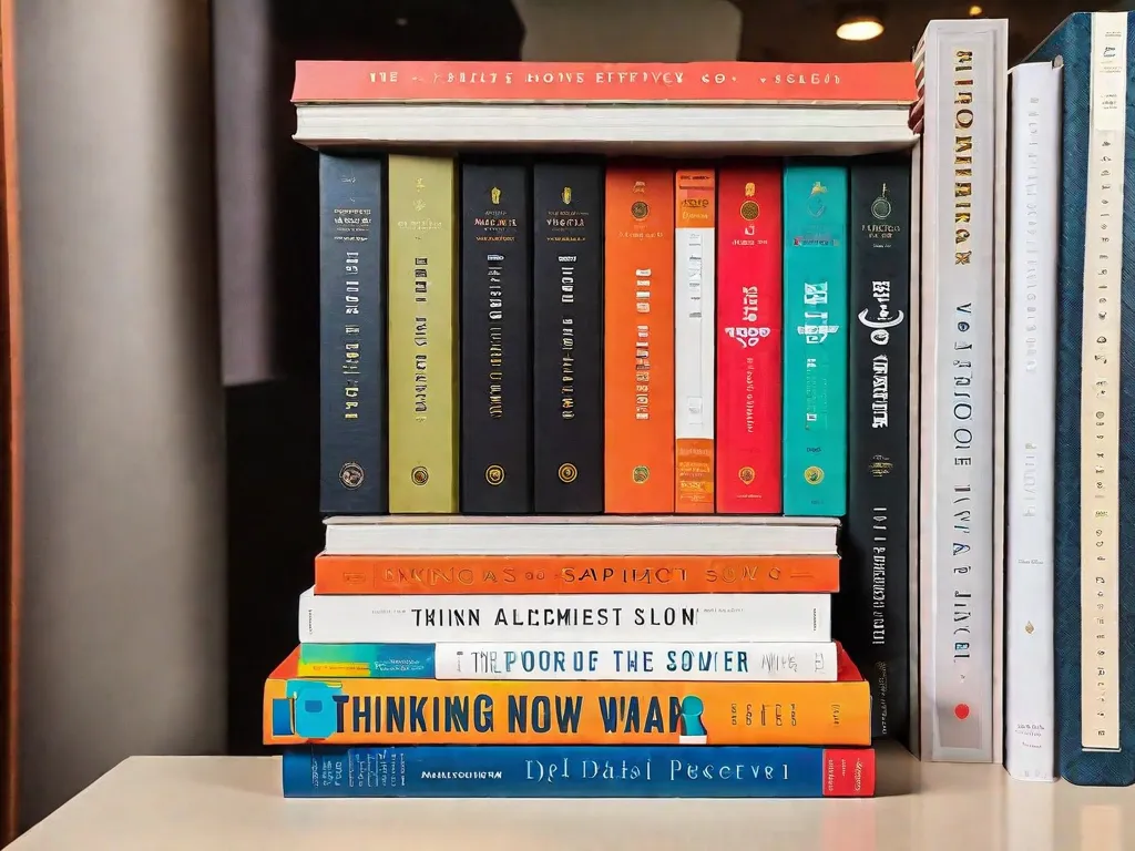 Descrição da imagem: Uma pilha de sete livros em cima de uma mesa de madeira, cada livro representando um gênero e tópico diferente. Os títulos são exibidos de forma proeminente, incluindo filosofia, ciência, história, literatura, psicologia, arte e autodesenvolvimento. Os livros estão abertos, revelando páginas cheias de conhecimento e ideias esperando