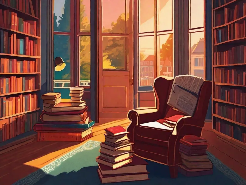 Descrição da imagem: Uma pilha de livros com capas vibrantes fica alta em frente a um cenário aconchegante de um cantinho de leitura. A luz suave do sol passa por uma janela próxima, iluminando as páginas e criando um brilho quente. Os livros representam uma variedade diversa de gêneros, convidando os leitores a embarcar em uma jornada de descob