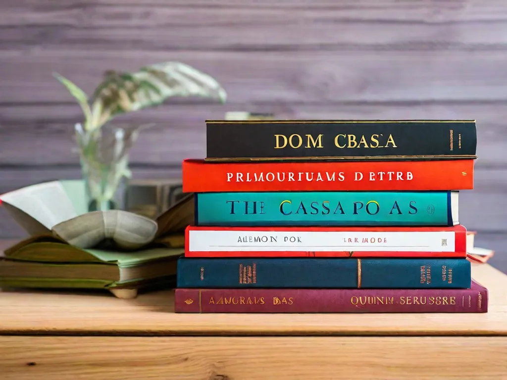 Descrição da imagem: Uma pilha de sete livros com capas vibrantes é exibida em uma mesa de madeira. Os títulos dos livros são visíveis, incluindo