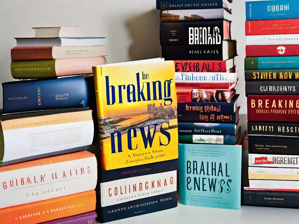 Descrição da imagem: Uma pilha de sete livros com capas vibrantes, representando diferentes gêneros de notícias e informações. Cada livro tem um título distinto, como