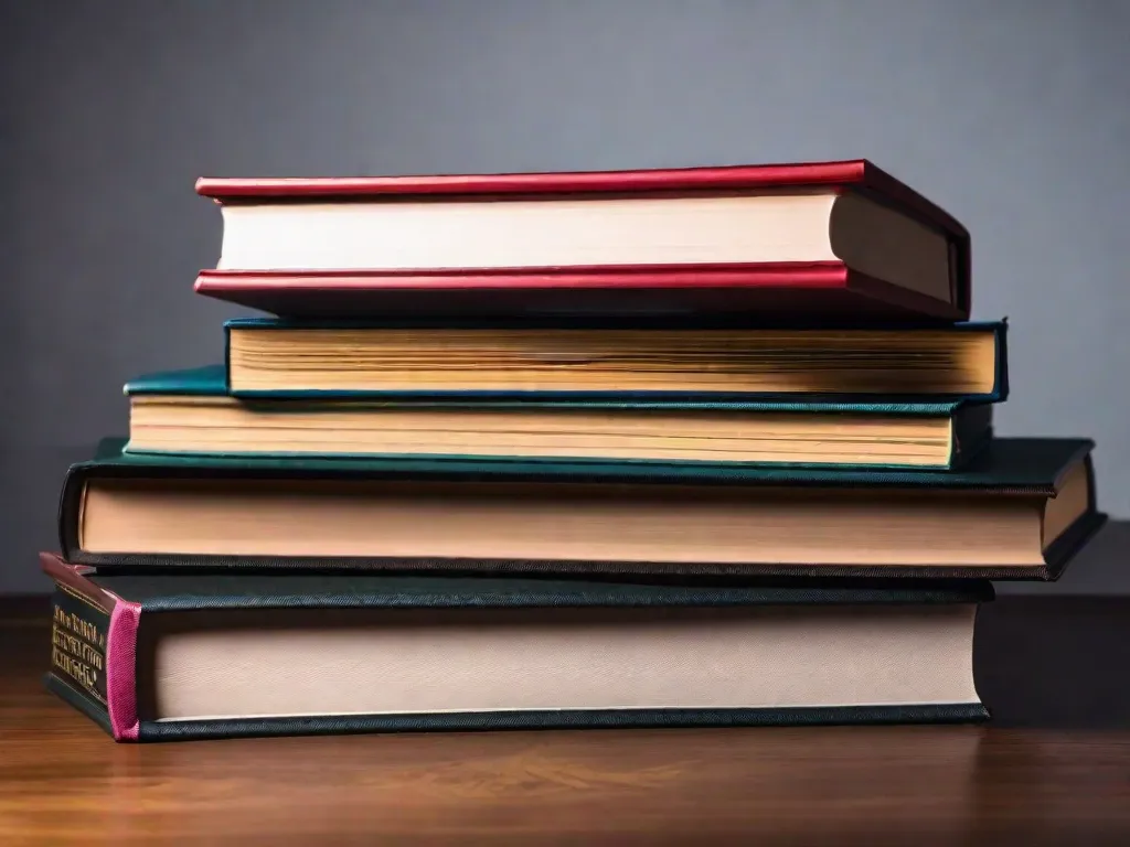 Descrição da imagem: Uma foto em close-up de uma pilha de livros em cima de uma mesa de madeira. Os livros são diversos em gênero e cor, variando de clássicos a romances contemporâneos. Os títulos são visíveis, exibindo uma mistura de literatura ficcional e não-ficcional. A imagem evoca uma sensação de exploração intelectual e a alegria da
