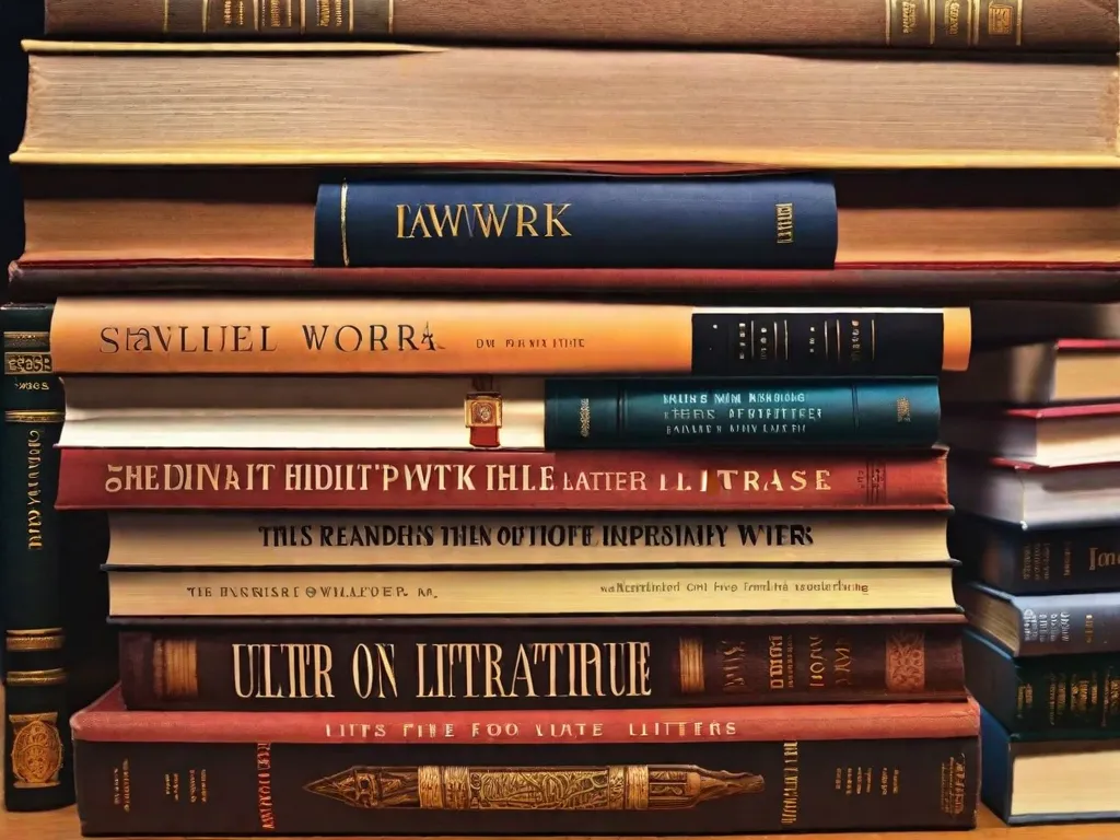 Descrição da imagem: Um close-up de uma pilha de livros em cima de uma mesa de madeira. Os livros variam em tamanho e cor, representando uma diversidade de gêneros literários. Os títulos são visíveis, exibindo uma mistura de literatura clássica e contemporânea. A imagem desperta um senso de curiosidade intelectual e a importância da leitura para escritores e ent