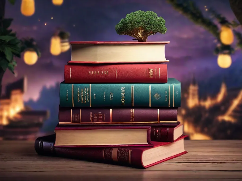 Uma foto de uma pilha de livros com capas vibrantes e diversas, cada uma representando um gênero ou mundo literário diferente. Os livros estão dispostos de uma forma que sugere uma jornada ou uma porta de entrada para novos e emocionantes reinos da imaginação.