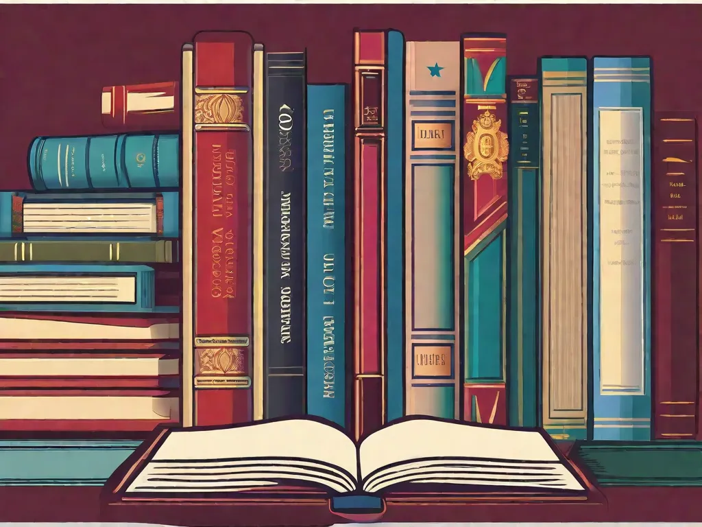 Descrição da imagem: Um livro aberto com sete volumes empilhados um em cima do outro, cada um representando uma enciclopédia diferente. Os livros estão cheios de ilustrações coloridas e texto, simbolizando a imensa quantidade de conhecimento e informações que eles contêm. A imagem evoca uma sensação de curiosidade e o desejo de explorar diversos assuntos para expandir o conhecimento.