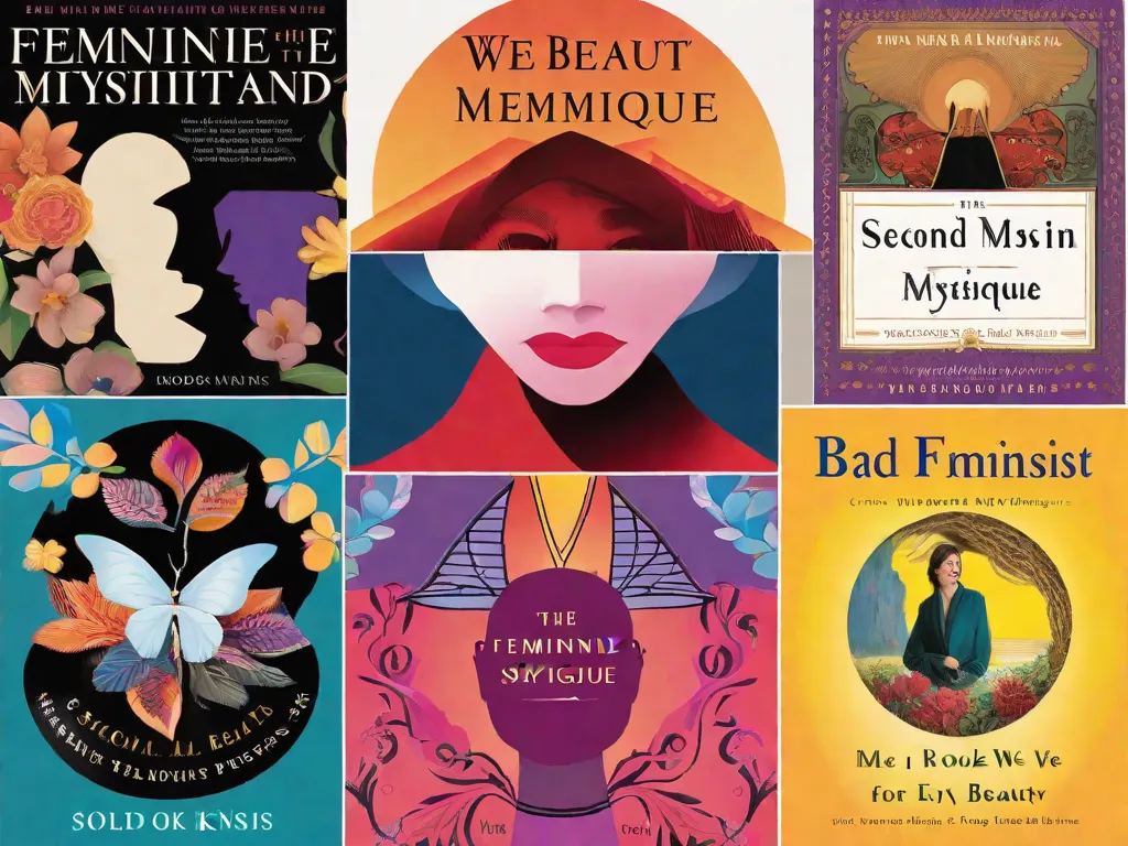 Descrição da imagem: Uma pilha de sete livros com capas vibrantes, cada um representando um aspecto diferente do feminismo. Os títulos incluem