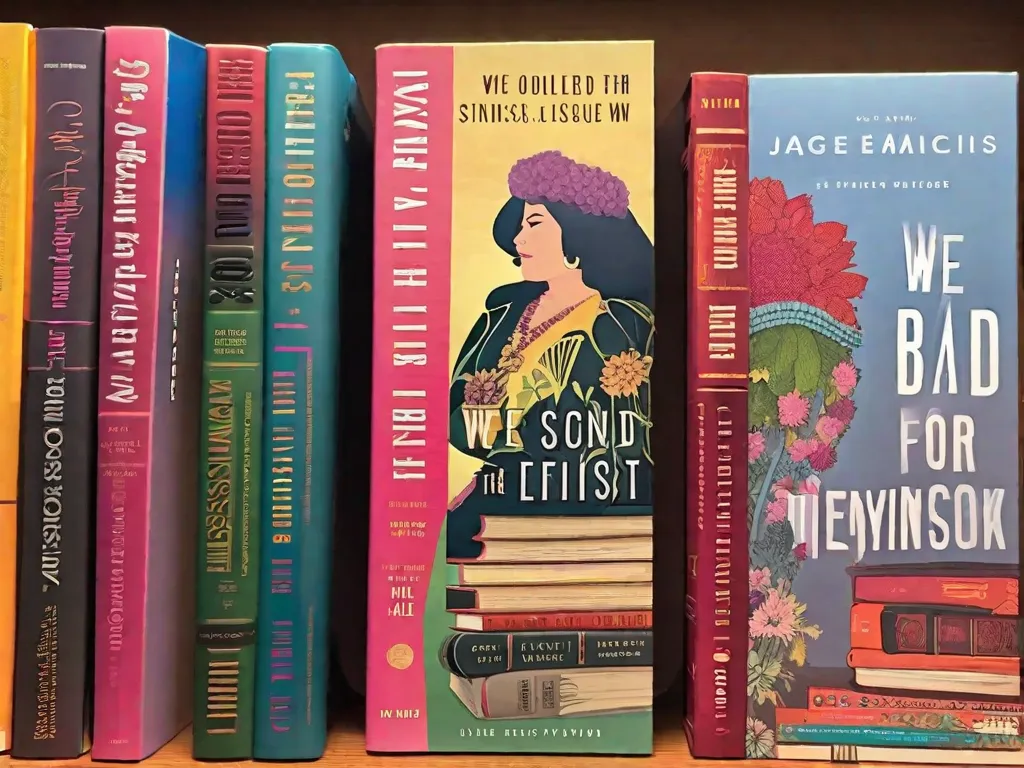 Descrição da imagem: Uma pilha de sete livros com capas vibrantes, cada um representando um aspecto diferente do feminismo. Os títulos incluem