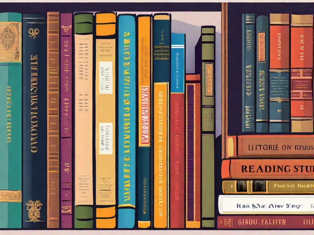 Descrição da imagem: Uma visão de close-up de uma pilha de livros, cada um representando um gênero e era diferentes. Os livros estão dispostos de forma a mostrar suas lombadas coloridas, criando uma exibição convidativa e visualmente atraente. Essa imagem captura a essência de explorar e descobrir novas histórias através da leitura, convidando os leitores a mergulh