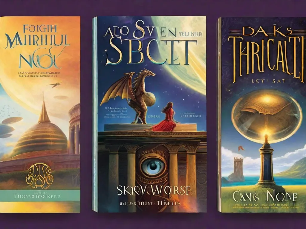 Descrição da imagem: Uma pilha de sete livros lindamente ilustrados com capas vibrantes, cada um representando um gênero diferente. Da esquerda para a direita: um romance de fantasia com um dragão na capa, um livro de ficção histórica ambientado na Roma antiga, um romance de ficção científica com uma espaçonave, um romance com um casal se abraçando, um livro de