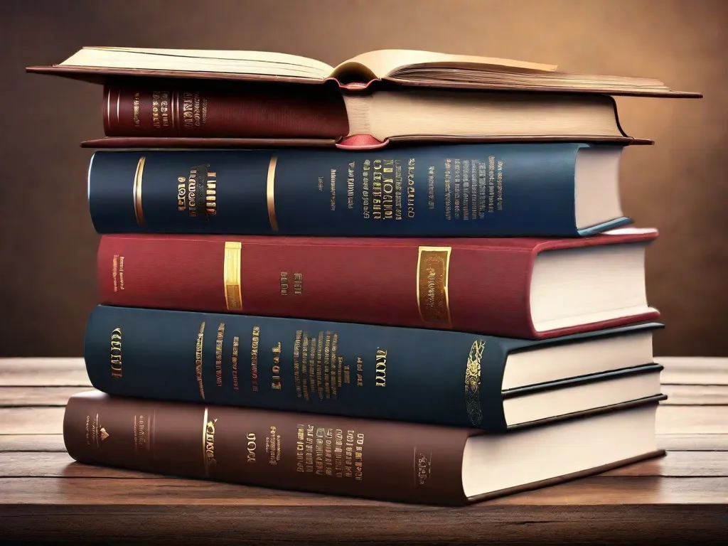 Descrição da imagem: Uma pilha de sete livros em cima de uma mesa de madeira, cada livro representando um gênero e tópico diferente. Os títulos são exibidos de forma proeminente, incluindo filosofia, ciência, história, literatura, psicologia, arte e autodesenvolvimento. Os livros estão abertos, revelando páginas cheias de conhecimento e ideias esperando