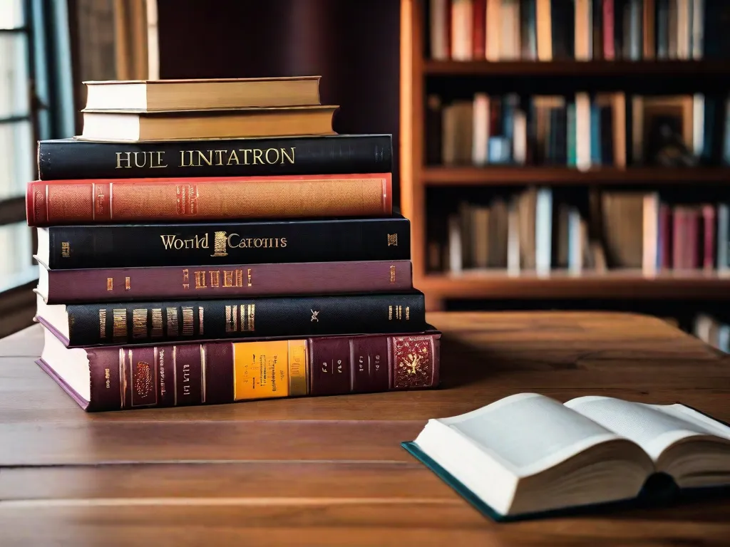 Descrição da imagem: Um close-up de sete livros antigos e desgastados empilhados um em cima do outro. Os livros têm capas de couro desgastadas e letras douradas desbotadas em suas lombadas. Cada livro representa uma era histórica diferente, exibindo o rico conhecimento e histórias que eles contêm em suas páginas.