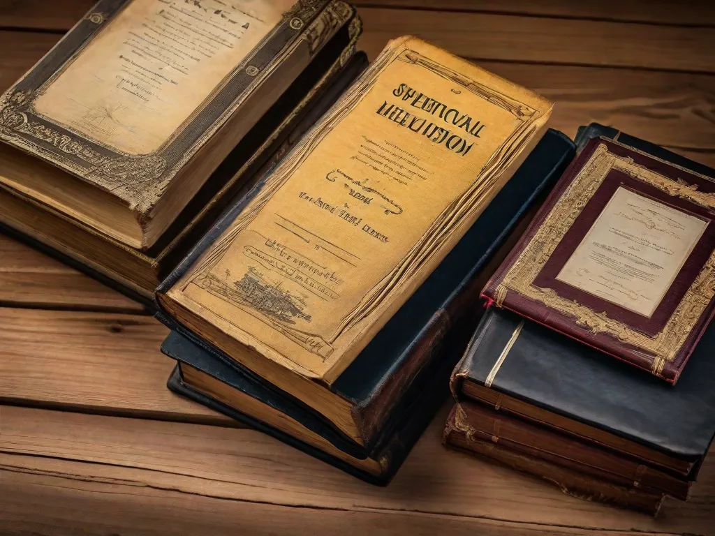 Descrição da imagem: Uma pilha de sete livros históricos com capas desgastadas e páginas amareladas, dispostos de forma organizada em uma mesa de madeira. Cada livro representa uma era diferente, desde as civilizações antigas até os tempos modernos. Os títulos são visíveis, mostrando os diversos assuntos abordados, incluindo guerras, revoluções e figuras influentes.