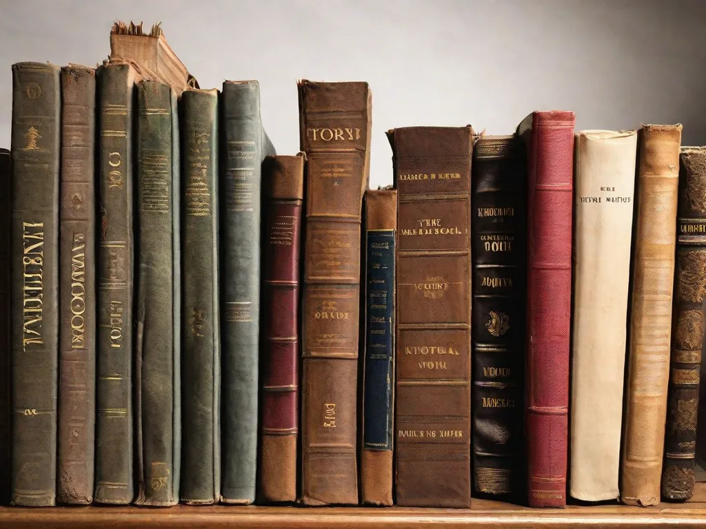 Descrição da imagem: Uma pilha de sete livros históricos com capas desgastadas e páginas envelhecidas. Cada livro representa uma era diferente, desde as civilizações antigas até os tempos modernos. Os títulos nas lombadas oferecem vislumbres do rico tecido da história humana, convidando os leitores a embarcar em uma jornada através do tempo e explorar as histórias que