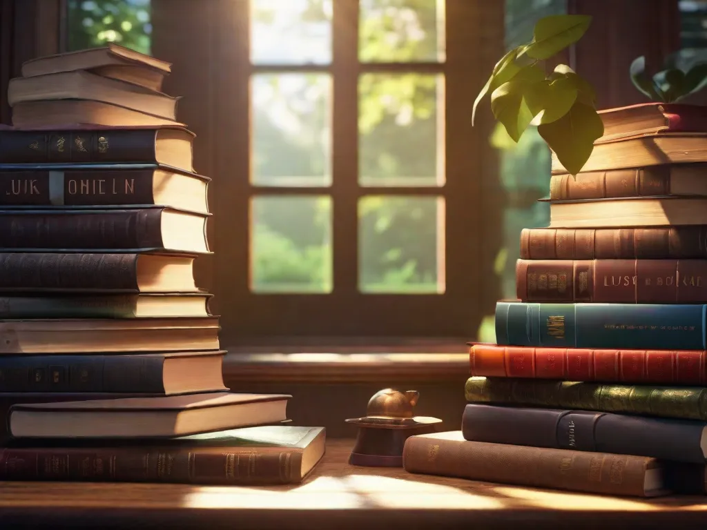 Descrição da imagem: Uma pilha de livros fica alta em uma mesa de madeira, com raios de sol entrando por uma janela próxima. Cada capa de livro mostra um mundo fantástico diferente, desde florestas exuberantes até cidades futurísticas. A imagem captura o poder da imaginação, convidando os leitores a embarcarem em aventuras emocionantes através das páginas desses cativantes liv