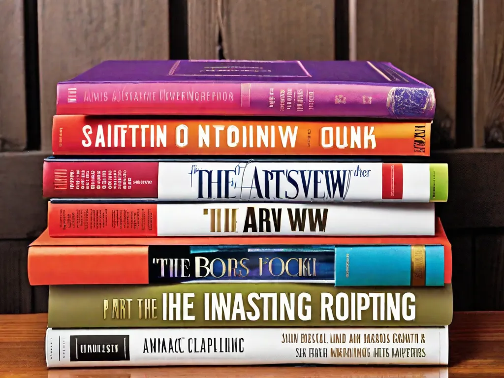 Descrição da imagem: Uma pilha de sete livros com capas vibrantes e chamativas está colocada em uma mesa de madeira. Cada livro representa um aspecto diferente do jornalismo, com títulos como 