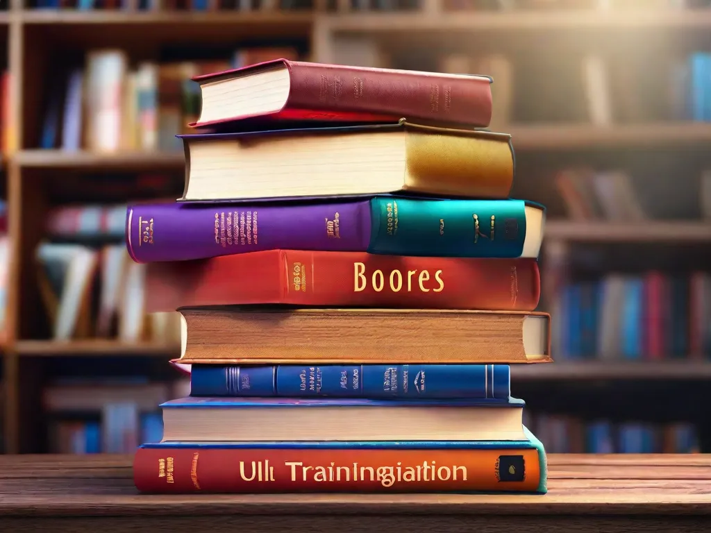 Descrição da imagem: Uma pilha de livros com capas vibrantes, representando diferentes gêneros e temas, está sobre uma mesa de madeira. Cada livro parece emitir um brilho mágico, convidando o espectador a explorar suas páginas. A imagem captura a essência da imaginação e o poder dos livros em nos transportar para diferentes mundos.