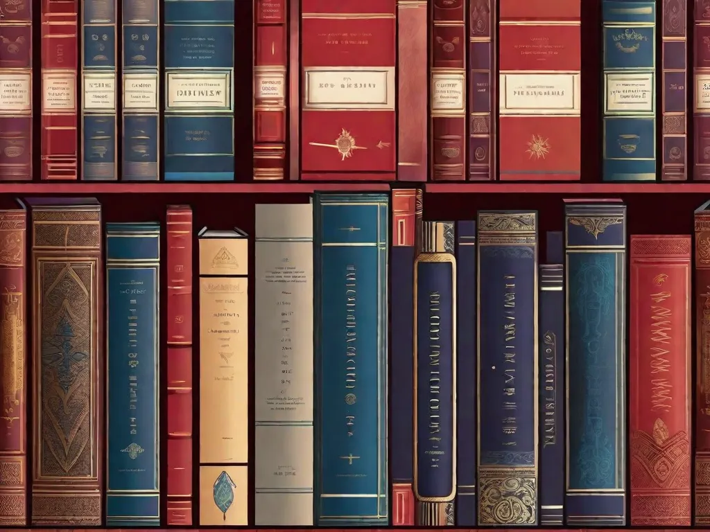 Descrição da imagem: Uma fotografia em close-up de uma estante de livros antiga e empoeirada, preenchida com doze livros intrigantes. Cada livro tem uma lombada de cor diferente, variando de vermelho escuro a azul vibrante, e é adornado com ilustrações intricadas e símbolos misteriosos. O suave brilho de uma lâmpada próxima destaca as pá