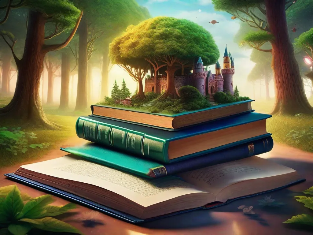 Descrição da imagem: Uma pilha de livros abertos, cada um representando um mundo diferente. Um livro tem um castelo em suas páginas, outro tem uma espaçonave, enquanto outro tem uma floresta mística. Cada livro está cheio de cores vibrantes e ilustrações mágicas, convidando os leitores a explorar novos reinos através do poder da imaginação.