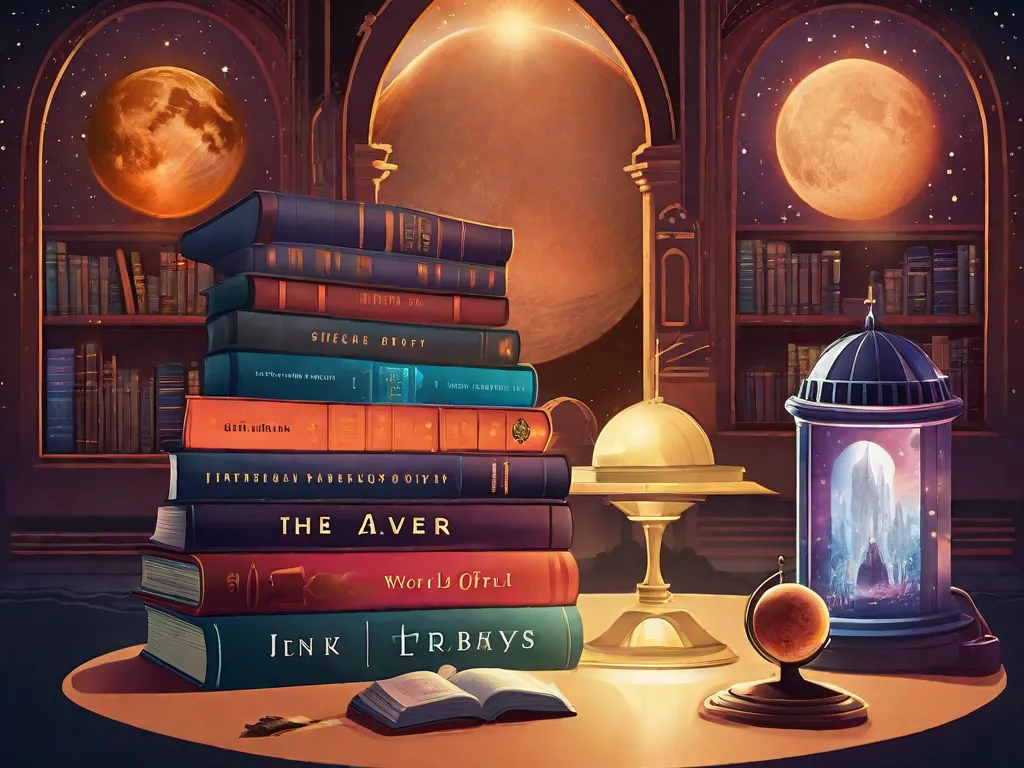 Descrição da imagem: Uma pilha de livros, cada um representando um mundo diferente. O primeiro livro é um romance de fantasia com um castelo em sua capa, transportando os leitores para um reino mágico. O segundo livro tem uma nave espacial em sua capa, levando os leitores a uma aventura intergaláctica. Os outros livros mostram diversos gêneros, desde ficção histórica até ficção