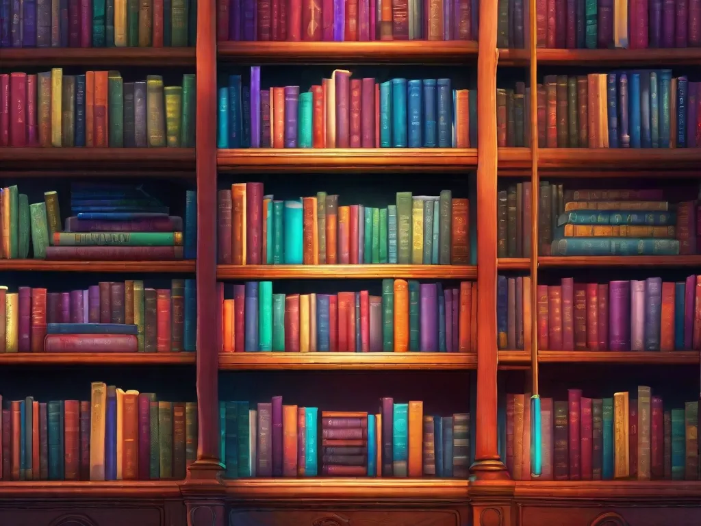 Descrição da imagem: Uma pilha de livros, cada um representando um mundo diferente. O primeiro livro é um romance de fantasia com um castelo em sua capa, transportando os leitores para um reino mágico. O segundo livro tem uma nave espacial em sua capa, levando os leitores a uma aventura intergaláctica. Os outros livros mostram diversos gêneros, desde ficção histórica até ficção