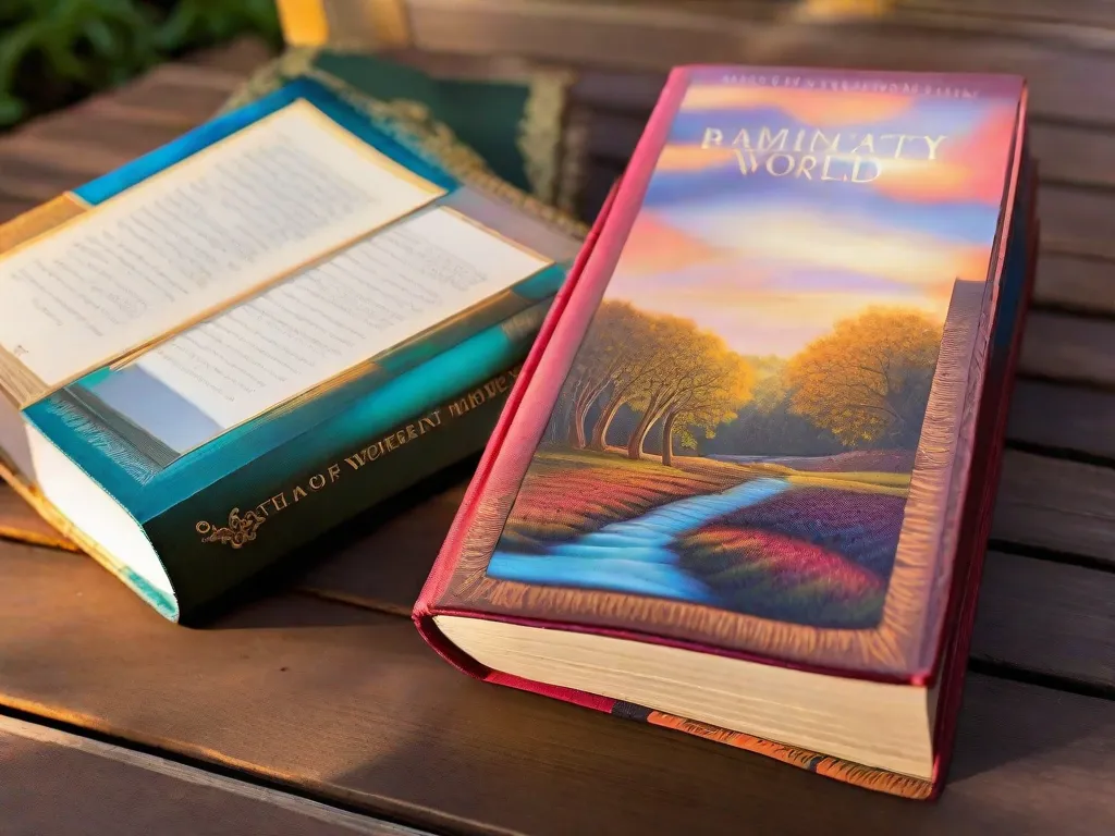 Descrição da imagem: Uma fotografia em close-up de uma mesa de madeira com sete livros de poesia lindamente encadernados, arranjados de forma ordenada em cima. Cada livro tem uma capa vibrante diferente, exibindo uma variedade de cores e designs artísticos. A luz do sol ilumina suavemente os livros, lançando um brilho quente, convidando os leitores