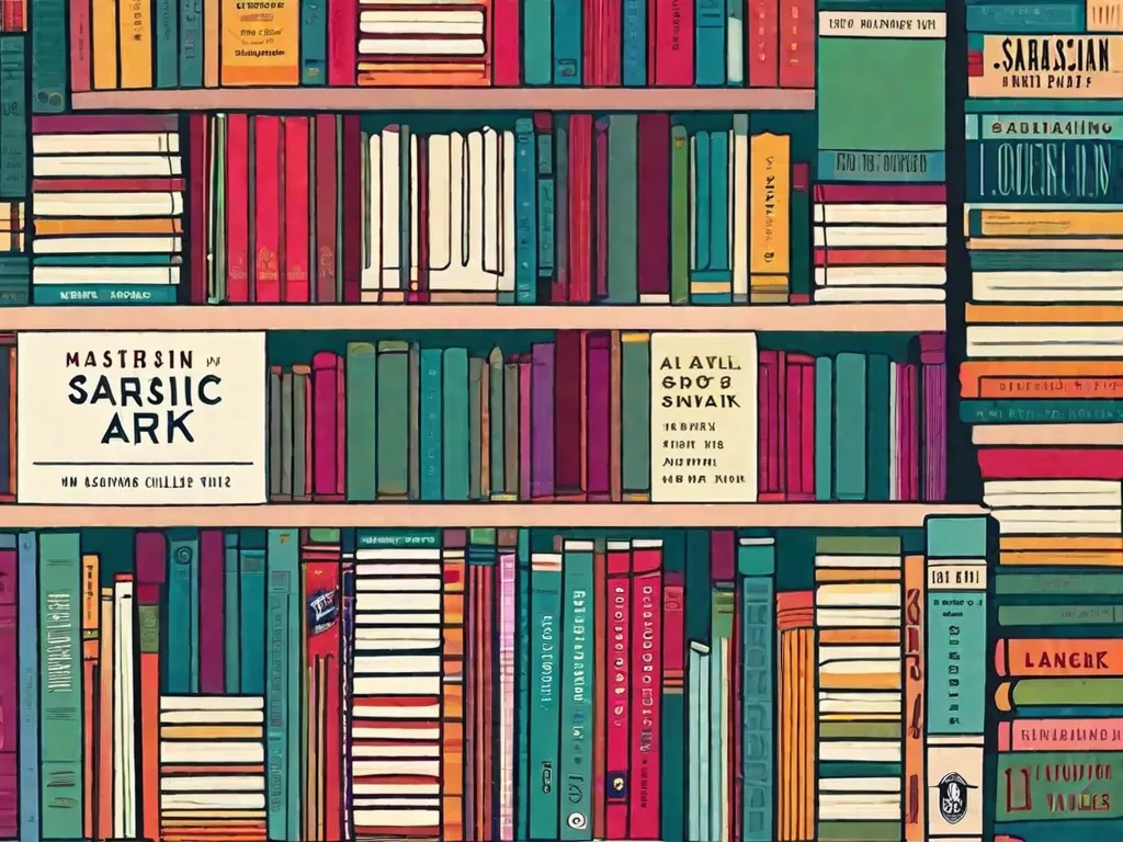 Descrição da imagem: Uma pilha de livros com capas coloridas, cada livro com um título sarcástico. Os títulos incluem
