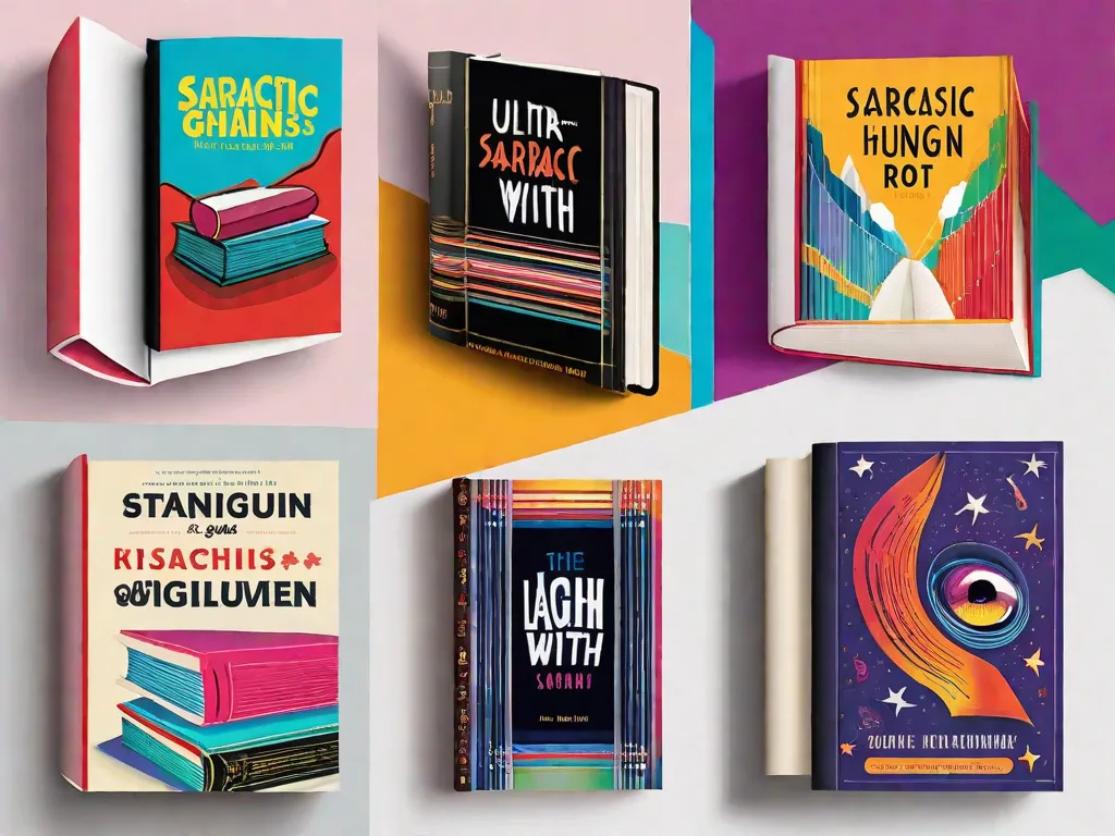 Descrição da imagem: Uma pilha de sete livros com capas coloridas e chamativas. Cada livro tem um título que reflete sua natureza sarcástica, como