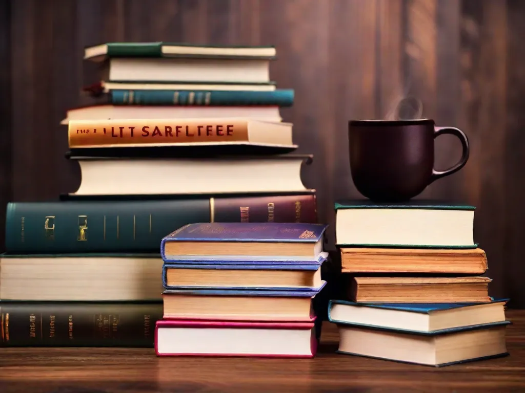 Uma foto de uma pilha de livros com títulos como 