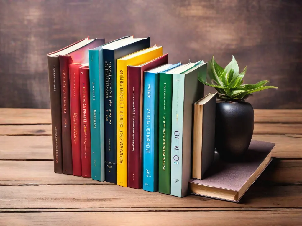 Descrição da imagem: Uma pilha de sete livros em uma mesa de madeira, cada livro representando um aspecto diferente de transformação na vida. Os títulos são visíveis e incluem autoajuda, desenvolvimento pessoal, atenção plena, espiritualidade, sucesso profissional, saúde e bem-estar e relacionamentos. Os livros estão arrumados de forma organizada, simbolizando o potencial de crescimento e mudança