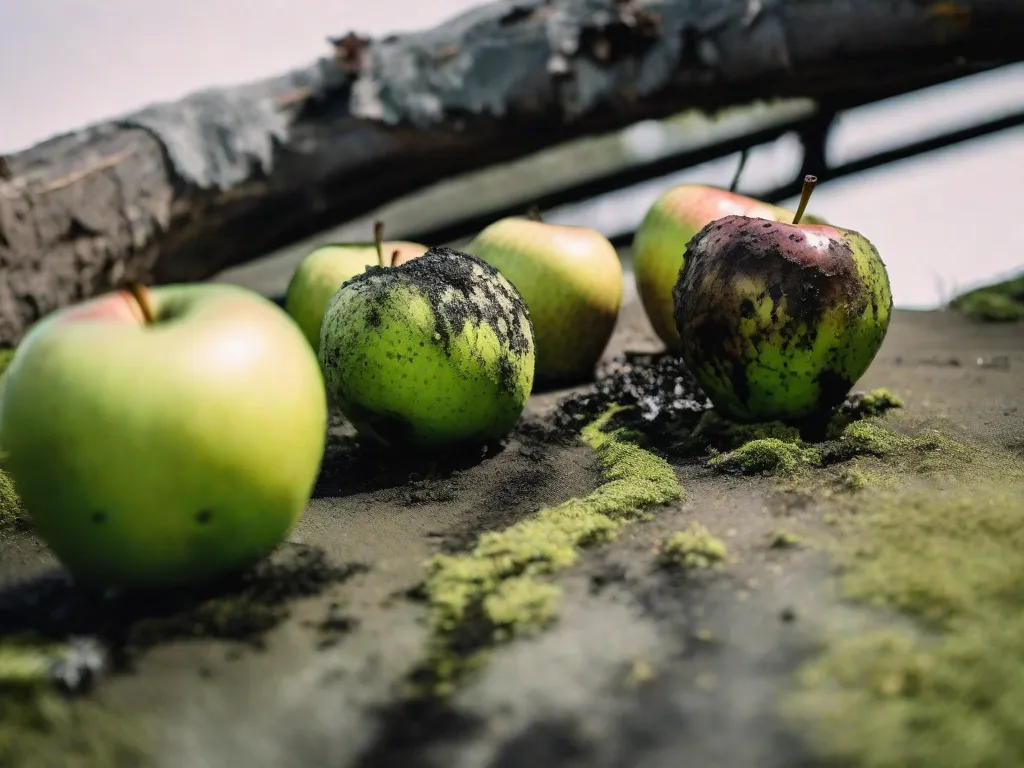 Descrição da imagem: Uma fotografia em close-up de uma maçã podre, coberta de mofo e deterioração. A textura é repugnante, com manchas verdes e pretas se espalhando pela superfície. A imagem captura a natureza repulsiva da decomposição, simbolizando os aspectos sombrios do comportamento humano explorados nos 10 livros repugnantes sobre a natureza humana