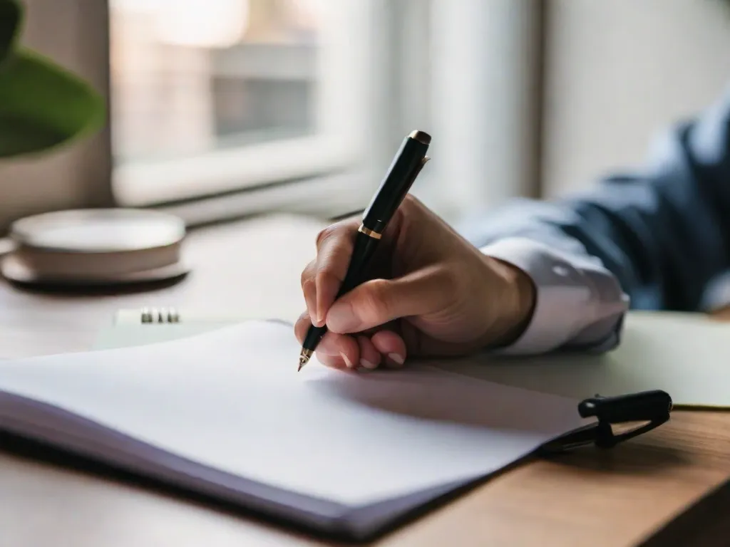 Descrição da imagem: Um close-up da mão de uma pessoa segurando uma caneta, posicionada acima de uma folha em branco. A mão está firme e confiante, pronta para começar a escrever. O fundo está desfocado, enfatizando o foco no ato de escrever.